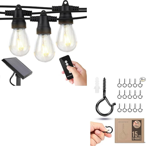 Brightech Bundle: 15 Hooks Ambience Pro Solar Powered Outdoor String Lights, 27ft Remote Control Commercial Grade | Lumora