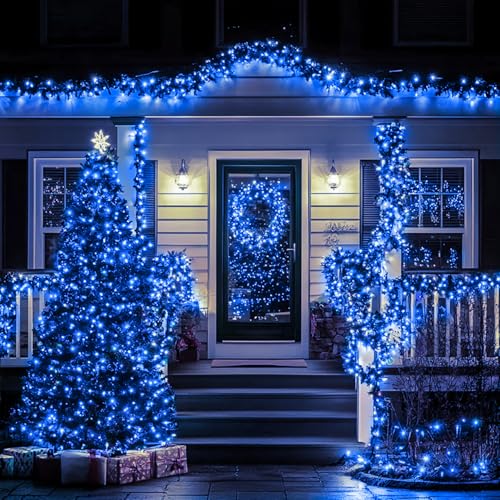 Nisocy 400FT Blue Christmas String Lights with Remote, Green Wire LED Mini Lights, 8 Modes, Timer, Plug-in Indoor Outdoor Lights for Large Trees, Fences, Yard, Halloween and Holiday Decor
