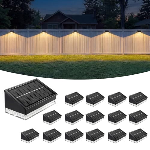 Solar Fence Lights 16 Pack, Outdoor Solar Lights with 3 Color Temperatures, IP65 Waterproof Wide-Angle LED Lighting for Fence, Patio, Yard, Deck, Wall, Garden (Black)