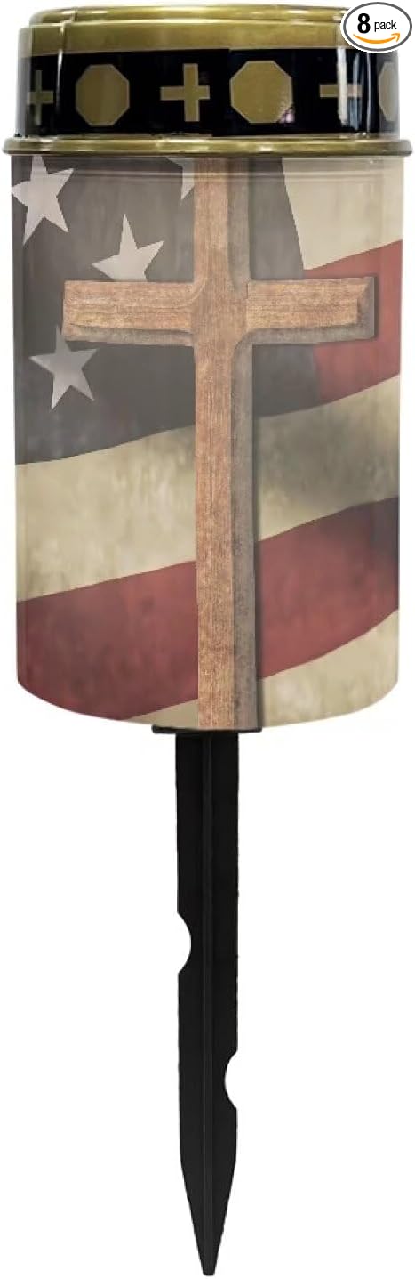 American Flag Solar Dusk to Dawn Lights Outdoor Waterproof Solar Memorial Lights for Graves Eternal Light Solar Powered Lighted Cross,Cemetery Decor Candle Lamp