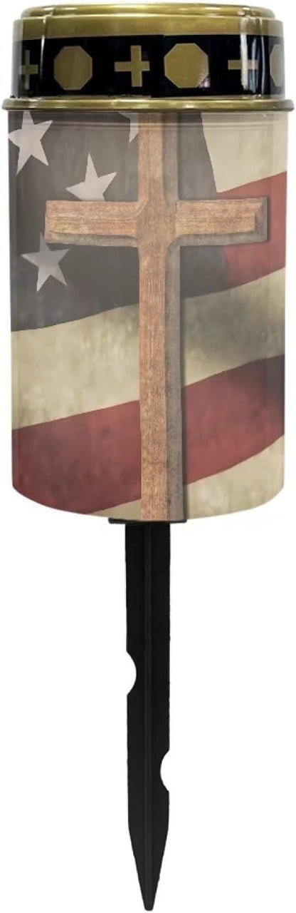 American Flag Solar Dusk to Dawn Lights Outdoor Waterproof Solar Memorial Lights for Graves Eternal Light Solar Powered Lighted Cross,Cemetery Decor Candle Lamp