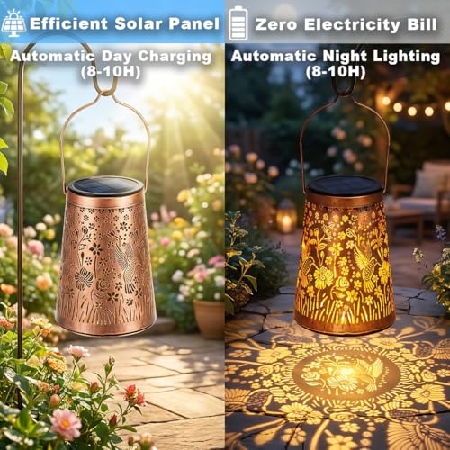 LeiDrail Hummingbird Solar Lanterns, Hanging Garden Lights, 2 Pack, Copper