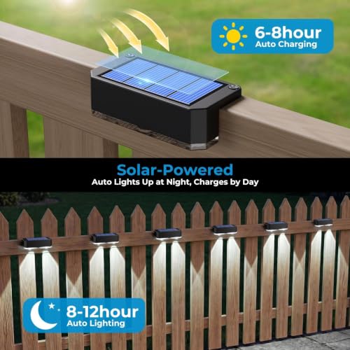 6 Pack Solar Fence Lights Outdoor, Railing Light Solar Powered, IP65 Waterproof Led Deck Solar Lights for Outside Backyard Balcony Porch, Cool White