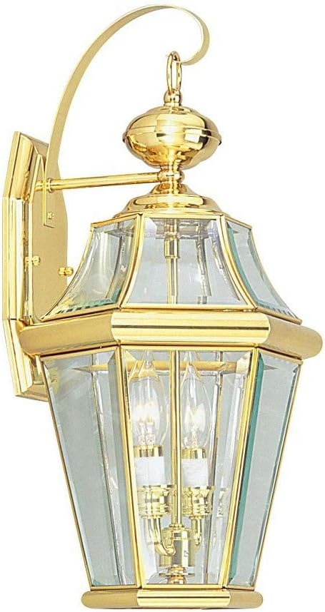 Livex Lighting 2261-02 Outdoor Wall Lantern with Clear Beveled Glass Shades, Polished Brass | Lumora