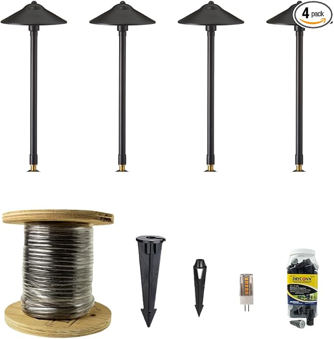 VOLT 12V Brass Max Spread LED Outdoor Path Light 4-Pack Expansion Kit (Black) for Low Voltage Landscape Lighting on Outdoor Pathway, Walkway, Garden, Driveway or Patio