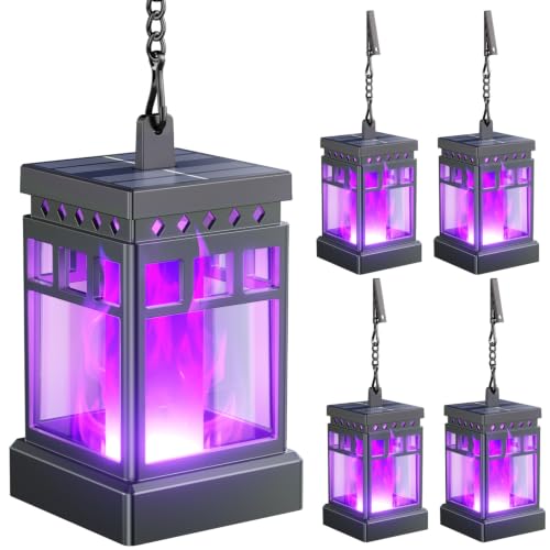 KOOPER Hanging Solar Lanterns Outdoor Waterproof, 4PCS Flickering Flame Hanging Solar Lights for Outside, Outdoor Solar Lanterns up to 12 Hours, Lanterns Decorative for Patio Yard Decor (Purple Light)
