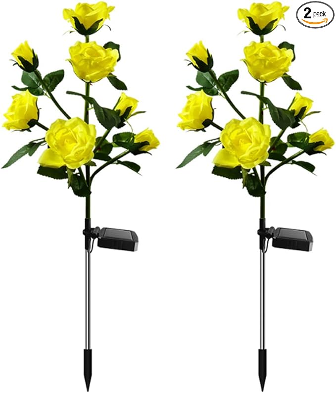 Aolyty Solar Garden Lights Outdoor, Solar Powered Stake Flower Light, IP65 Waterproof Solar Decorative Rose Flowers Lights for Patio Pathway Yard Lawn Decor (Yellow, 7 Rose)