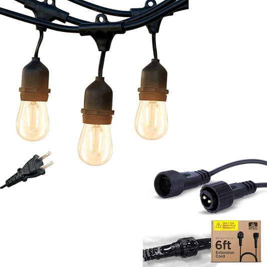Brightech Bundle: Ambience Pro - Waterproof LED Outdoor String Lights - Hanging, Dimmable 2W Vintage Edison Bulbs - 48 Ft + 6 Ft Extension Cord