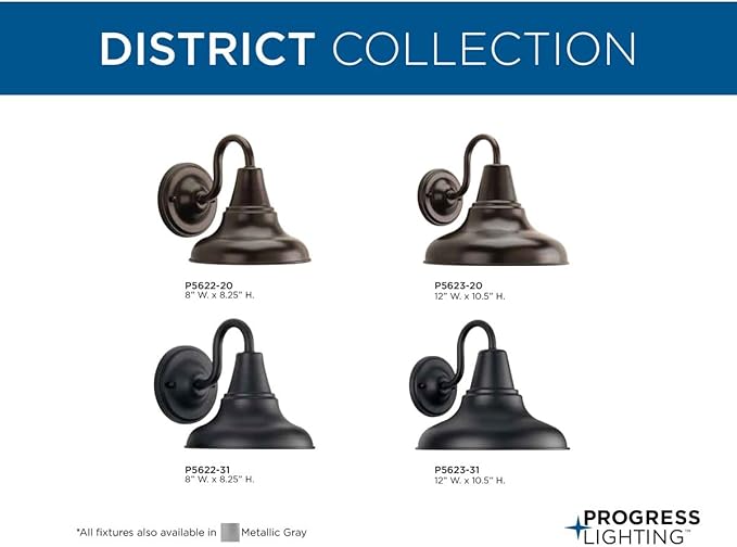 Progress Lighting P5622-31 District Collection 1-Light Farmhouse Outdoor Wall Lantern, Textured Black, 8" W x | Lumora