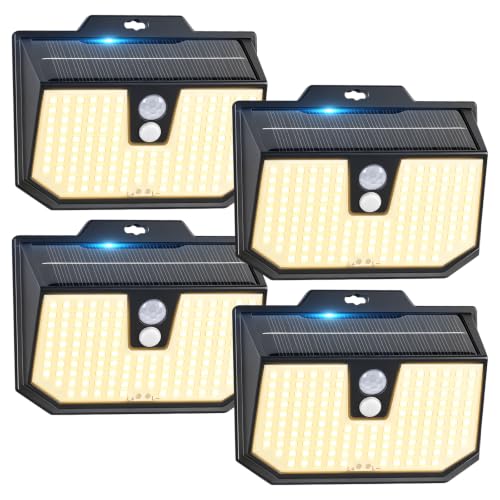 Brightever 4 Packs Solar Outdoor Motion Sensor Lights with 3 Lighting Modes, Wall Lights Waterproof Solar Security Powered Lights for Garden, Fence, Yard, Deck, Garage, Warm White