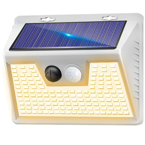 Solar Lights Outdoor 1 Pack, 140LED/3 Modes Motion Sensor Lights Solar Powered, Wireless IP65 Waterproof Solar Wall Lights Outdoor Lights, Bright for Deck Fence Patio Front Door, Warm Light (White)