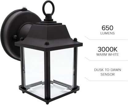 Maxxima LED Porch Lantern Outdoor Wall Light - Features Clear Glass, 3000K Warm White, 650 Lumens, Dusk to Dawn Photocell Light Sensor, Patio or Porch Sconce Fixture for Exterior Lighting - Black