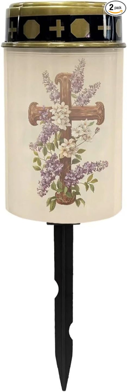 Cross Floral Solar Pathway Lights Outdoor Waterproof Garden Solar Lights Solar Cemetery Lights for Grave Weather Resistant Memorial Garden Stake Cross Lights for Grave