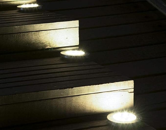 Solar In-Ground Lights Outdoor 8 LED Disk Light Solar Powered Landscape Path Lights for Garden Lawn Yard Patio Pool Patio Deck Driveway Walkway Pathway,Silver Finish,4 Pack (Warm White)