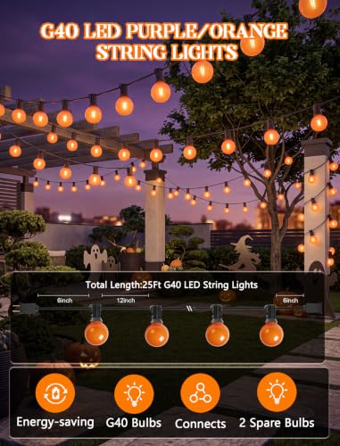 25Ft LED Outdoor Halloween Decorations Lights, 25 G40 Orange Globe Bulbs