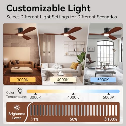 52” Wood Smart Low Profile Ceiling Fans with Lights and Remote,Flush Mount