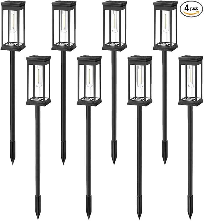 Solar Pathway Lights Outdoor, LED Garden Stake Light with Automatic Charging, Black ABS Plastic, 21.26 Inch Height, Warm White 3000-4000K, Ground Mount Landscape Lighting (Black Square, 8, Count)