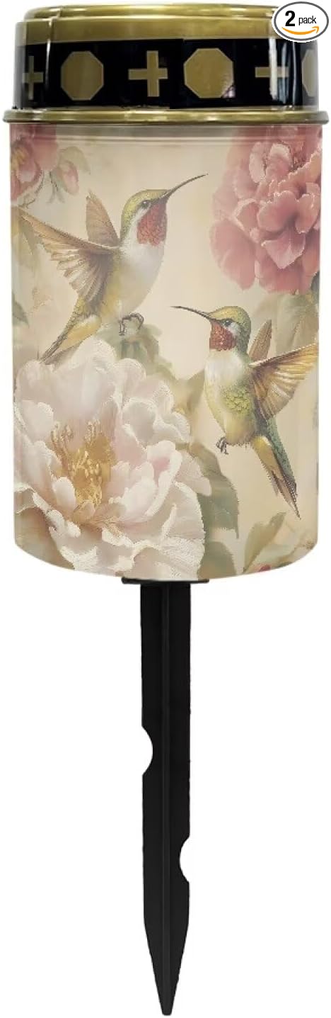 ZOUTAIRONG Solar Light for Cemetery Grave Durable Solar Garden Lights Landscape Lighting Pathway Light Cemetery 2 Pack, Floral Hummingbirds Print