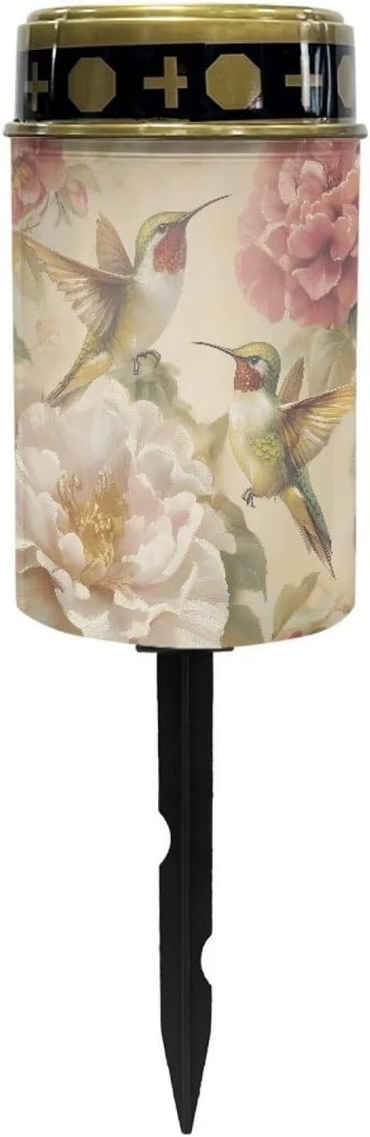 ZOUTAIRONG Solar Light for Cemetery Grave Durable Solar Garden Lights Landscape Lighting Pathway Light Cemetery 1 Pack, Floral Hummingbirds Print
