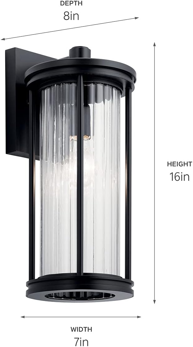 Kichler Barras 16" 1 Light Outdoor Wall Light with Clear Ribbed Glass in Black | Lumora