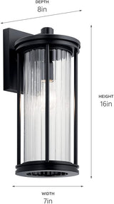 Kichler Barras 16" 1 Light Outdoor Wall Light with Clear Ribbed Glass in Black | Lumora