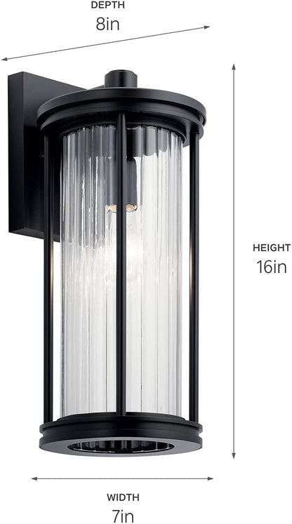 Kichler Barras 16" 1 Light Outdoor Wall Light with Clear Ribbed Glass in Black