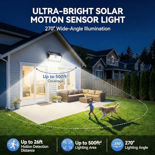 Solar Lights Outdoor, 452 LED 2000LM Ultra Bright Solar Motion Lights Outdoor, IP65 Waterproof Motion Sensor Outdoor Lights, 3 Modes Wireless Security Lights for Fence, Yard, Patio, Garage [4 Pack]