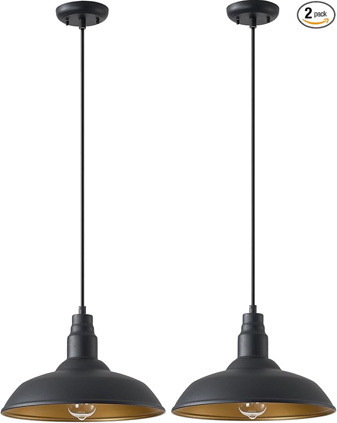 2 Pack Farmhouse Pendant Light for Kitchen, 14in Large Industrial Hanging Lights with Brass Interior, Indoor and | Lumora