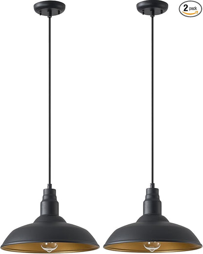 2 Pack Farmhouse Pendant Light for Kitchen, 14in Large Industrial Hanging Lights with Brass Interior, Indoor and Outdoor Ceiling Barn Lighting Fixture with Ajustable Cord for Dinning Room
