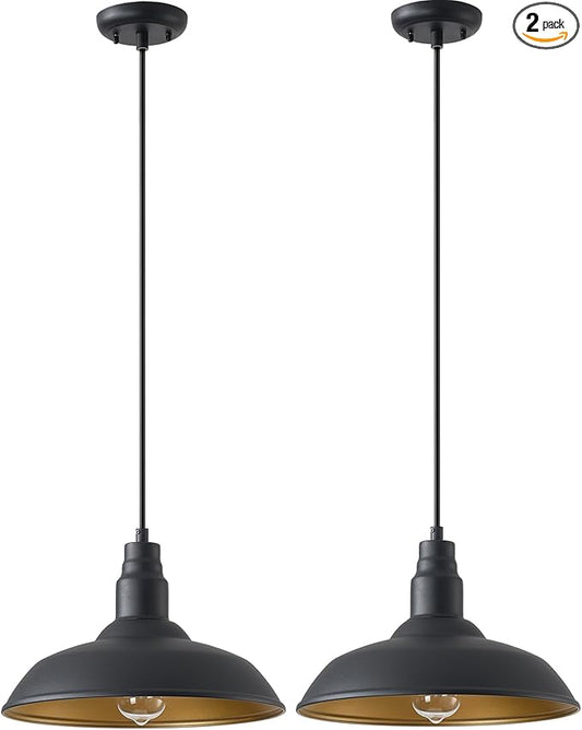 2 Pack Farmhouse Pendant Light for Kitchen, 14in Large Industrial Hanging Lights with Brass Interior, Indoor and Outdoor Ceiling Barn Lighting Fixture with Ajustable Cord for Dinning Room