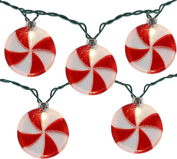 Christmas Candy Lights, 8.5Ft Christmas Decorations String Lights with 10 Red White Peppermint Candy Lights, Hanging Christmas Candy Fairy Lights for Xmas Outdoor Party Birthday Window Bedroom Decor