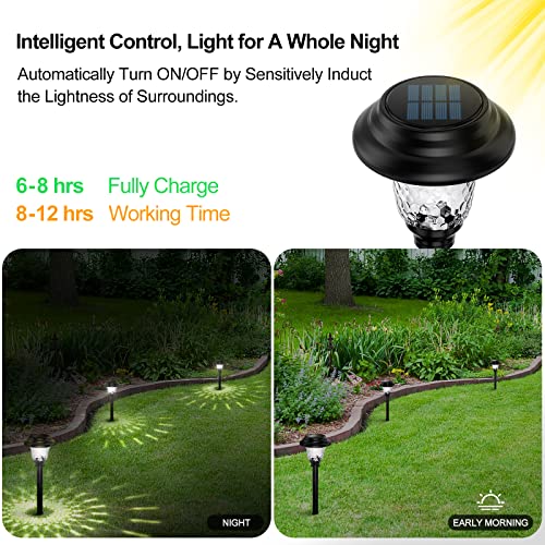 Glass Solar Lights Outdoor waterproof, 2 Pack Super Bright Solar Pathway Lights, Up to 12 Hrs Long Last Auto On/Off Garden Lights Solar Powered, Stainless Steel LED Light For Yard Landscape Warm White