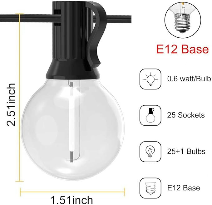 50FT Outdoor String Lights, 25+1 LED Plastic G40 Bulbs,Shatterproof & Connectable Patio Lights, Waterproof Hanging String Lights for Backyard, Bistro, Porch, Deck, Balcony,2700K Warm White