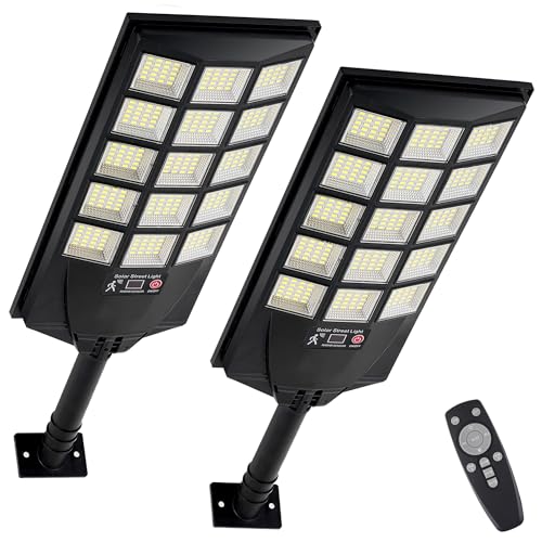 Solar Lights Outdoor Waterproof, 6500K Dusk to Dawn Solar Street Light Motion Sensor with Remote, LED Security Flood Light for Outside Garden Yard Path, Oudoor Parking Lot Lights, 2PACK