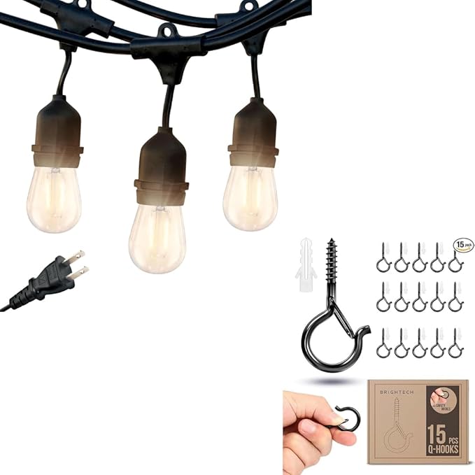 Brightech Bundle: Waterproof LED Outdoor String Lights Hanging, Dimmable 2W Vintage Edison Bulbs - 24 Ft + String Light Screw Hooks - 15 Pack, Black