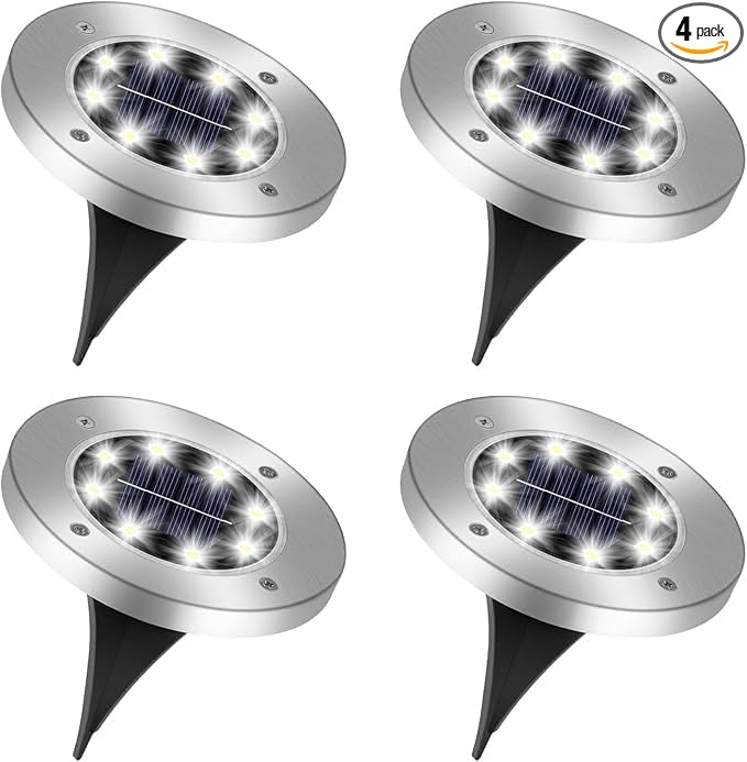 4 Pack Solar Deck Lights, 8 LEDs Solar Ground Lights Outdoor Garden, Bright White Light, IP65 Waterproof, Decking | Lumora