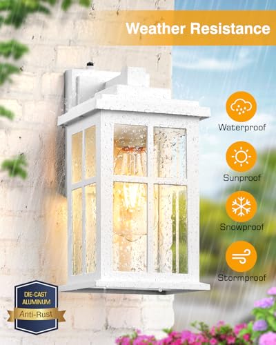White Outdoor Wall Lights, Dusk to Dawn Exterior Lighting Fixtures, Waterproof Outside Lights for House, Garage, Garden, Entryway, Doorway, Anti-Rust, Modern Style, Tempered Glass