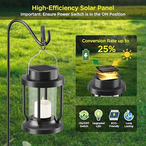 Solar Lantern Outdoor & Indoor Use – Hanging Solar Lights with Realistic Flickering Flameless Candle, Weatherproof for Gardens, Patios, Trees, and Lawns (Black, 8 Pack)