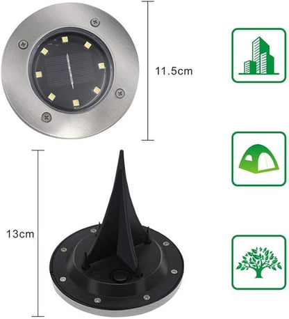 Solar Ground Lights 8 LED Disk Light Solar Powered Ground Lights Outdoor Garden Pathway Lights for Outdoor Solar Landscape Path Yard Driveway Pathway Walkway, 6 Pack,Warm White,Siliver Finish