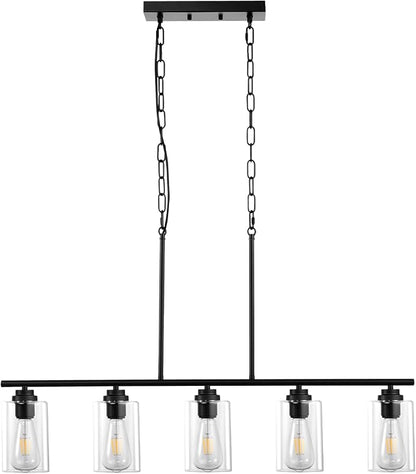 VEVOR 5-Light Kitchen Island Pendant Lights, 60W, Adjustable Dining Room Light Fixture with Clear Glass Lampshade 4 Rods 2 Metal Chains, Metal Frame Farmhouse Linear Chandeliers for Dining Room, E26