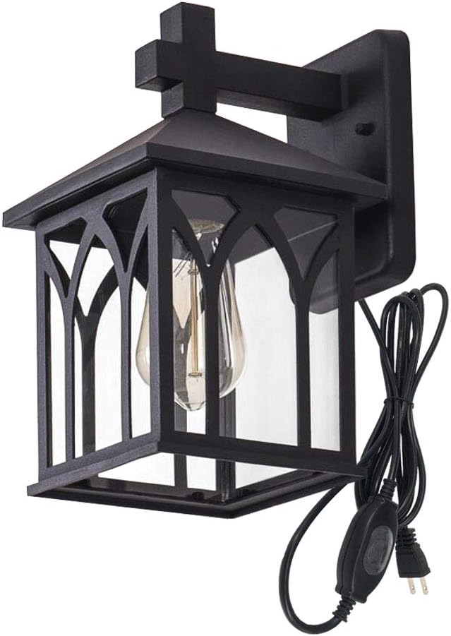 Kiven 1-Light Outdoor -Indoor Plug-in Wall Mount Lantern Downward Fixture Traditional Desigh Black Finish,Clear Glass Shade,UL Listed