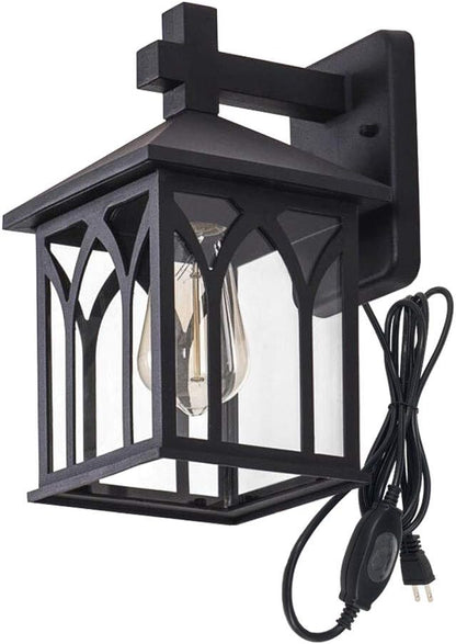 Kiven 1-Light Outdoor -Indoor Plug-in Wall Mount Lantern Downward Fixture Traditional Desigh Black Finish,Clear Glass Shade,UL Listed