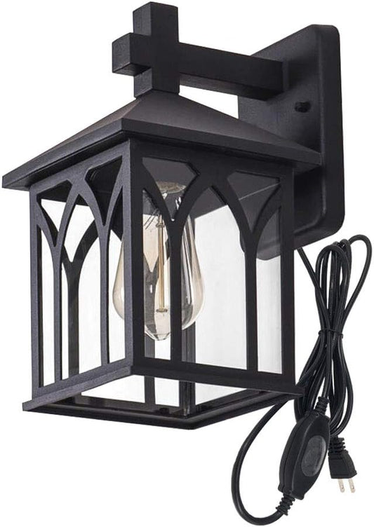 Kiven 1-Light Outdoor -Indoor Plug-in Wall Mount Lantern Downward Fixture Traditional Desigh Black Finish,Clear Glass Shade,UL Listed