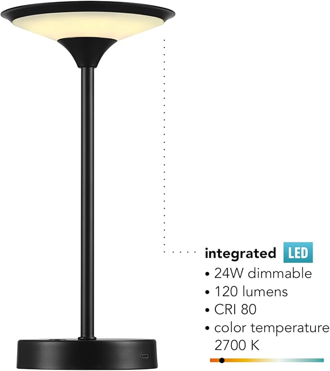 GLOBE Electric x Novogratz 60000031 12" 1.5W LED Integrated Outdoor Table Lamp, Matte Black, Frosted Diffuser, USB-C Charging Cable, On/Off Touch Switch on Base, 3-Step Dimmer, Outdoor Table Décor