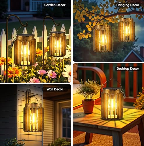 4 Pack Solar Lanterns Outdoor Waterproof, Retro Hanging Lantern, Bronze