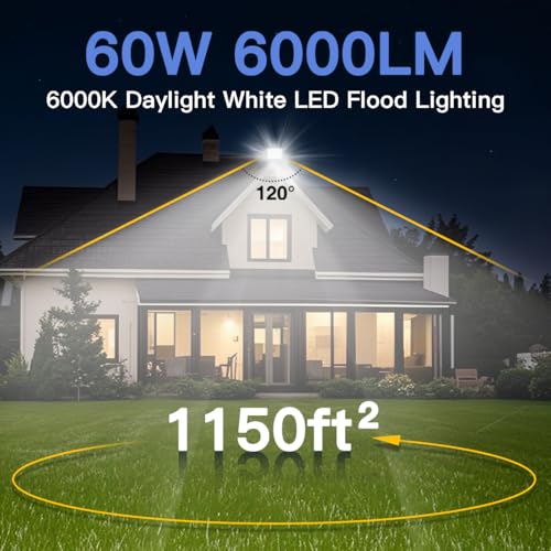 Ceena 2 Pack 60W Hardwired LED Flood Light Outdoor, 6000lm Super Bright Floodlight, IP66 Waterproof 6000K Daylight White Exterior Lights for Garage, Yard, Patio, Front Door