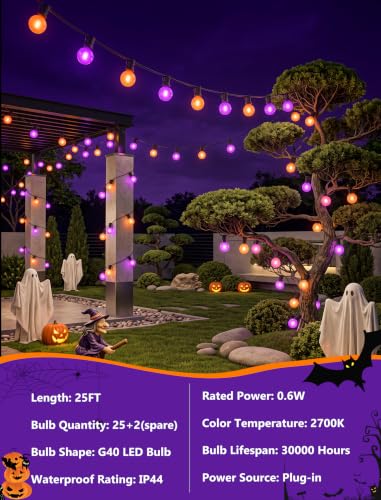 Orange and Purple Halloween Lights Outdoor, 25Ft 27 G40 Shatterproof Bulbs