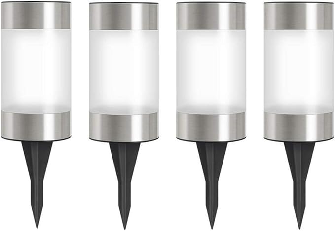 Solar Garden Lights Outdoor Solar Landscape Lights Silver Stainless Steel Bollard Decorative Lighting Waterproof Solar Powered Pathway Lights for Lawn Patio Yard Walkway Driveway,White,4 Pack