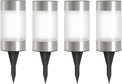 Solar Garden Lights Outdoor Solar Landscape Lights Silver Stainless Steel Bollard Decorative Lighting Waterproof Solar Powered Pathway Lights for Lawn Patio Yard Walkway Driveway,White,4 Pack