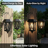 Solar Lanterns Outdoor Waterproof, Hanging Solar Lights with Glass Shade - 2 Pack LED Metal Wall Mount Outdoor Light for Yard/Garden/Patio - Black